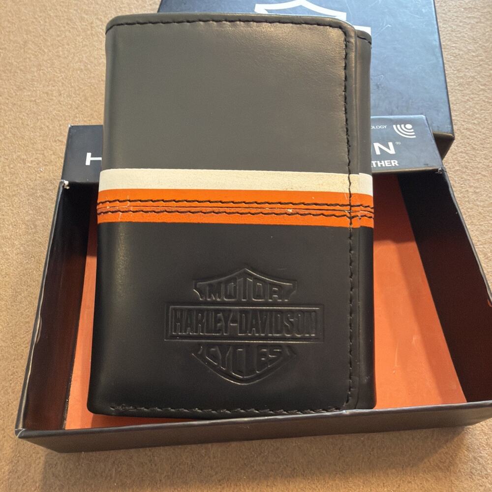 Harley Davidson Trifold Wallet Black Gray Orange MWMO16 RFID - Picture 3 of 10